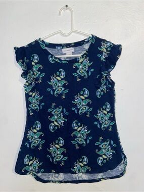 Liz Claiborne Boho Y2K Phoebe Buffay Chintz Navy Paisley Ruffle Sleeve Tee